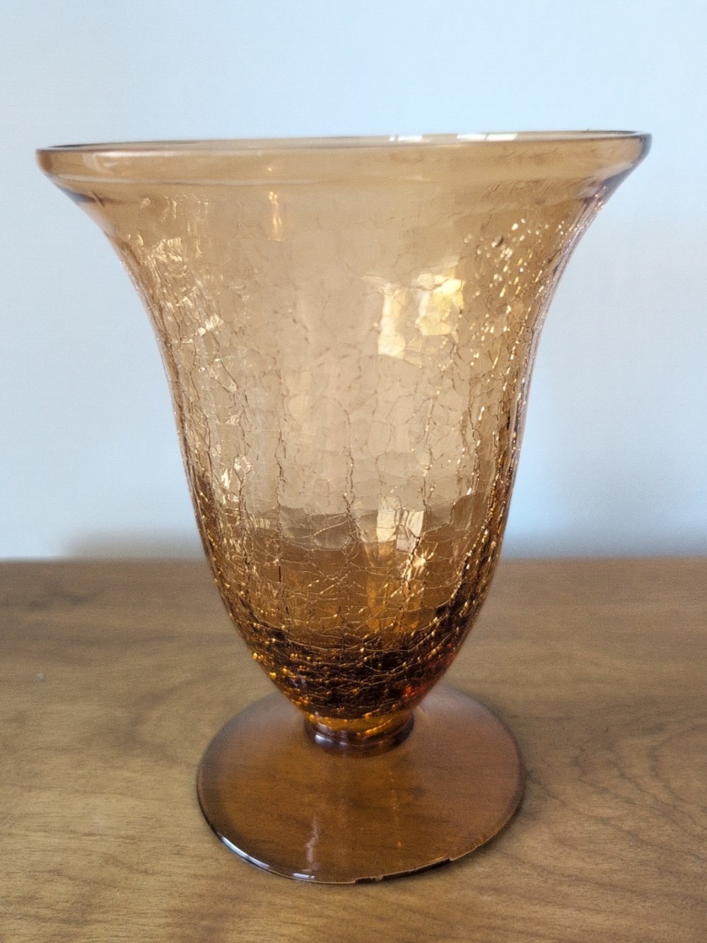 Vintage Amber Gold Crackle Art Glass Vase Handblown 6” Mid Century Style Decor